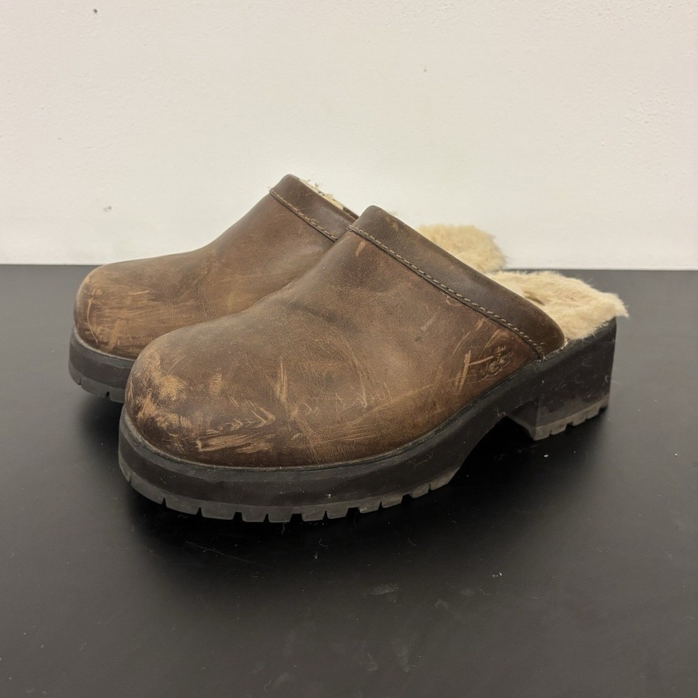 UGG Australia Womens Brown Leather Sheepskin Lined Slip-On Clog Slippers US 7